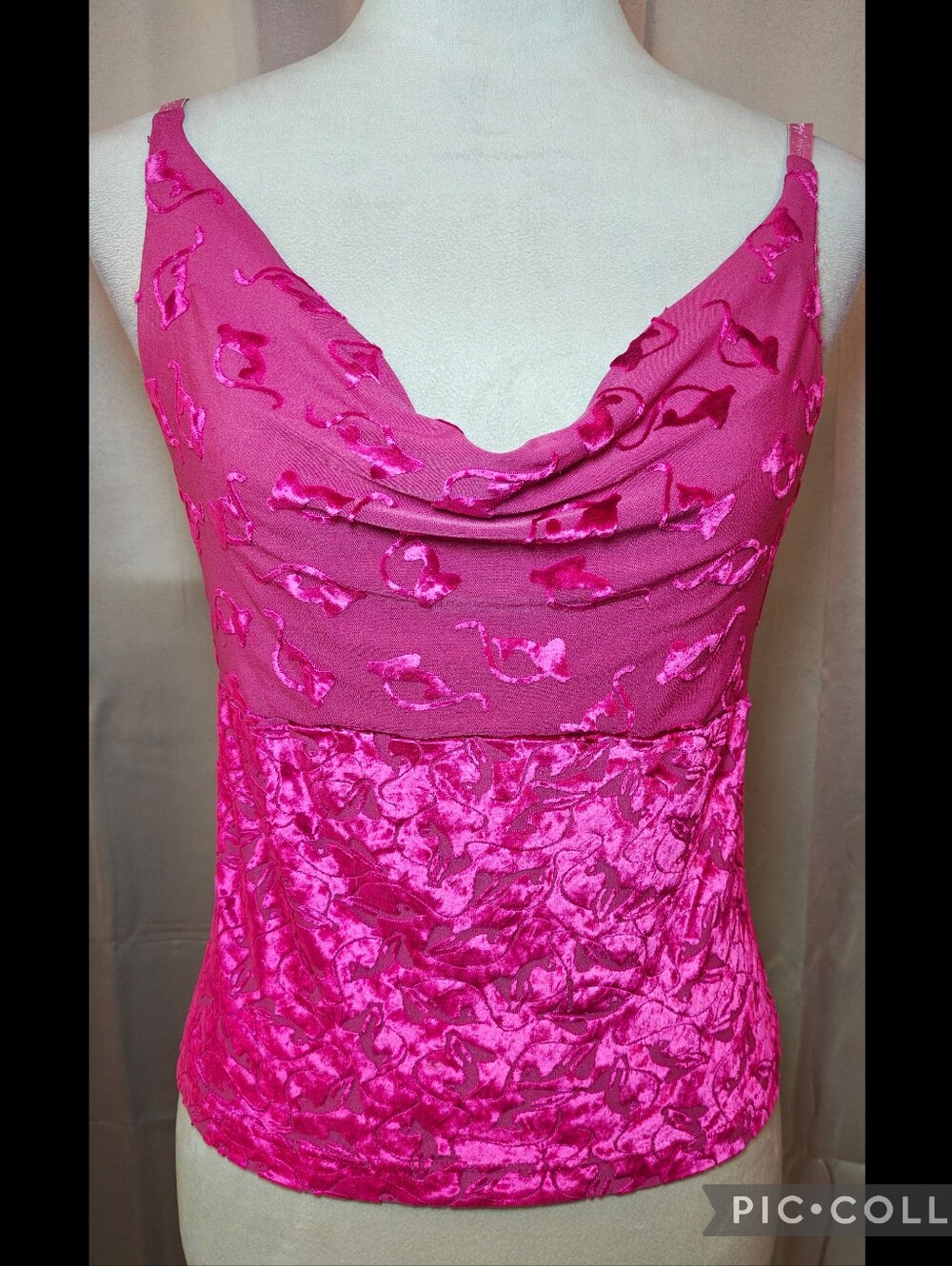 š„Y2K Baby Phat Hot Pink Crushed Velvet & Mesh Burnout Cowl Neck Cami Topš„ - Picture 2 of 7